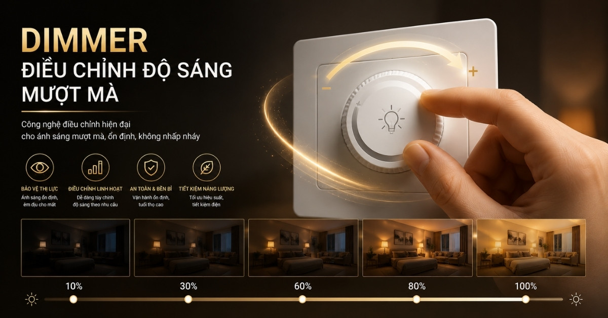 Công tắc dimmer điều chỉnh độ sáng đèn phòng ngủ mượt mà, tiết kiệm điện và bảo vệ thị lực